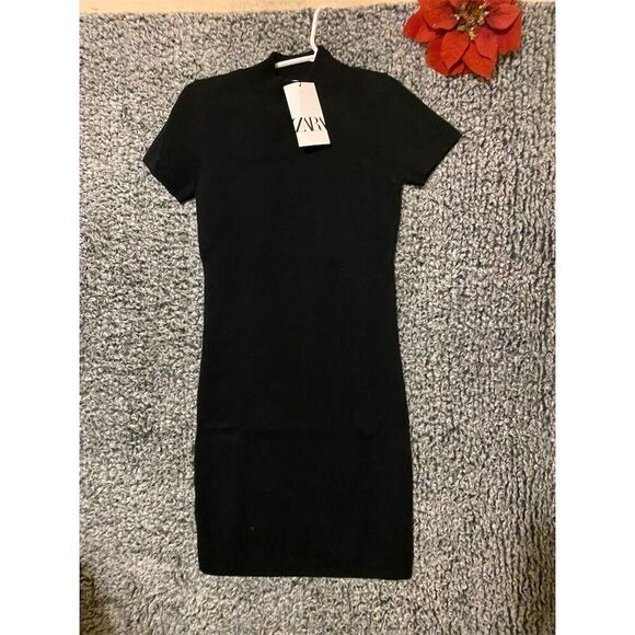 Zara Women's Black Ribbed Knit Dress Size M High Neck Stretchable - Picture 7 of 10